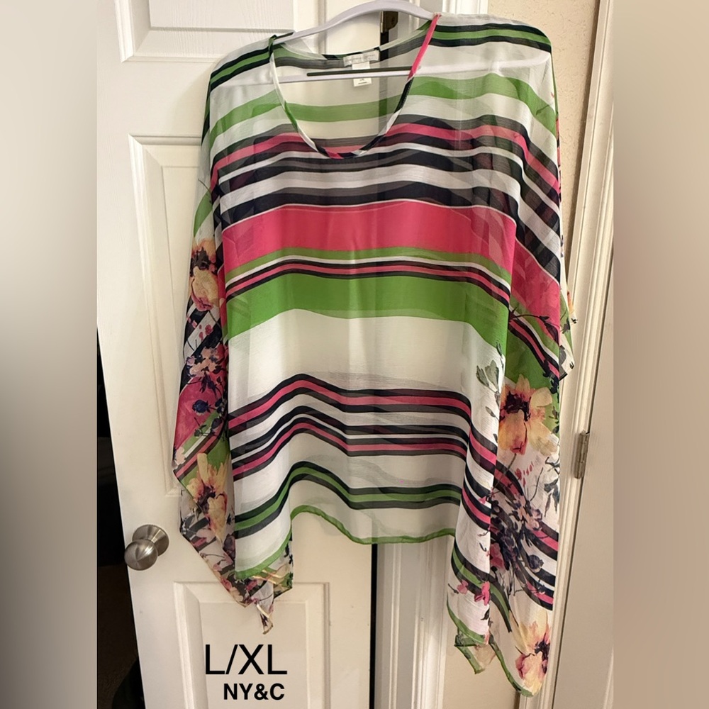 New York & Company Striped Floral Blouse - Pink, Green, White